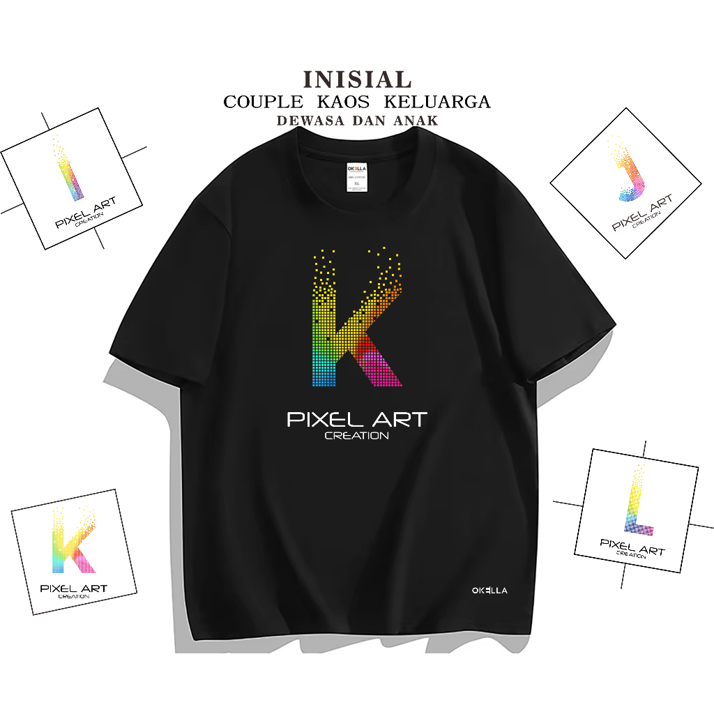 OKELLA Kaos pria huruf i , j , k , l kaos inisial nama baju dewasa dan anak