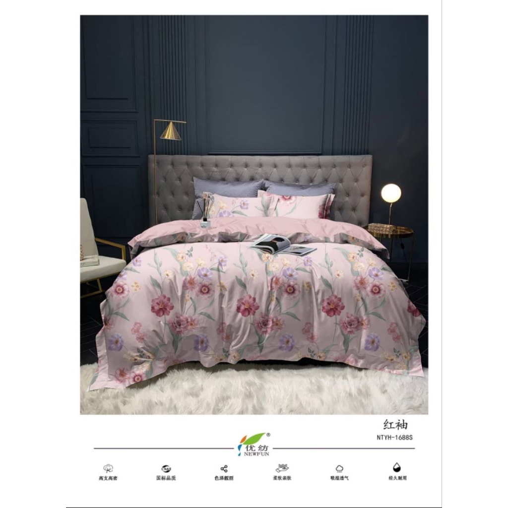 Sprei tempahan bahan Katun Jepang Motif Pink Bunga Merah