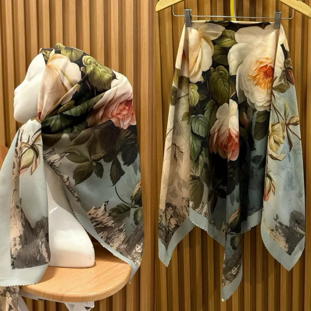 HIJAB VOAL MOTIF PRINTING PREMIUM SEGIEMPAT BUNGA HIJAU