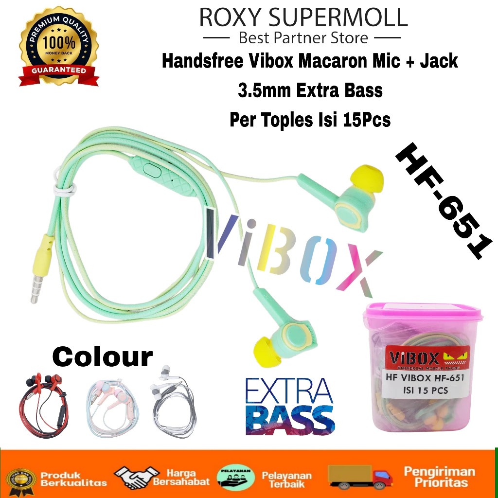 ( 15pc / Toples ) Handsfree Vibox HF-651 Earphone In Ear Wired Stereo Aux 3.5mm + Mic Universal [ROX