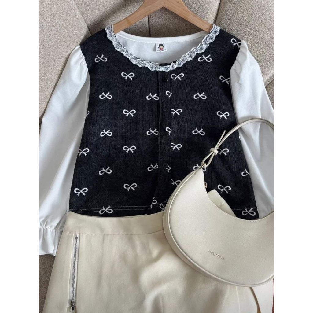 Blouse Wanita Motif Pita Ribbon Lace – Suede Combi Crepe Korean Style Lengan Panjang