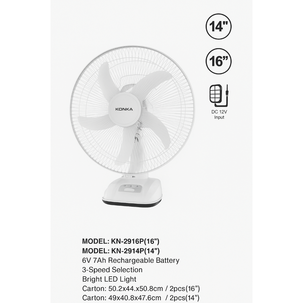 Kipas Angin Meja Rechargeable KONKA 14 & 16 Inch White Putih – 3 Kecepatan + Lampu LED Murah Meriah 