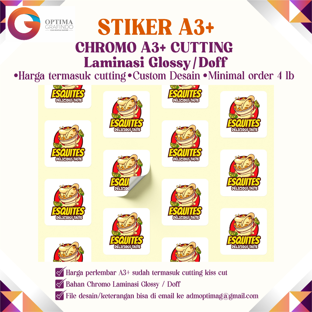 

Cetak Stiker A3+ Custom Stiker Chromo plus Laminating Glossy/Doff untuk Label produk makanan minuman,cutting stike r