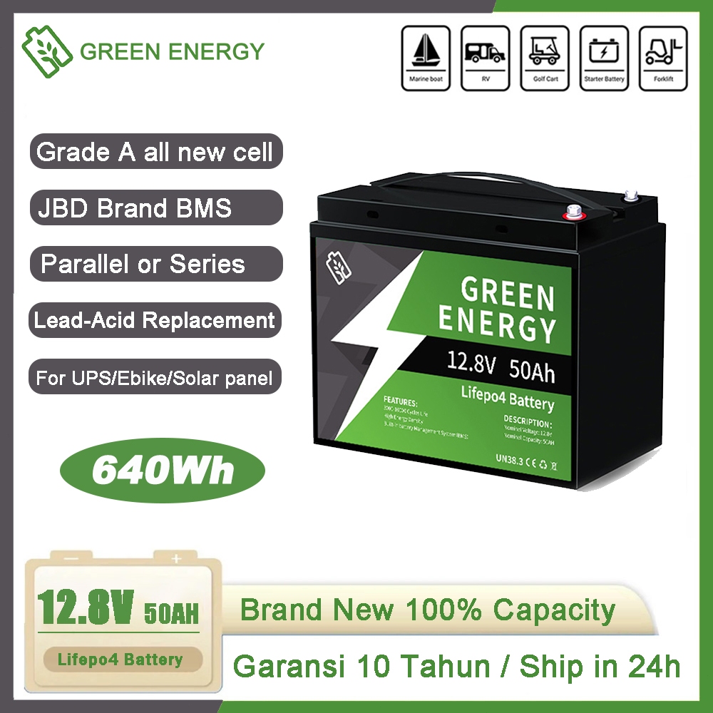 GREEN ENERGY Battery Lifepo4 12v 50ah, Aki Kering Battery 12v 100ah/30ah/12ah Baterai Litium with BM