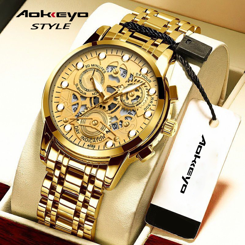 AOKEYO Jam Tangan Pria 4088 Original Kuarsa Kalender Tali Stainless Steel Jam Tangan Cowok