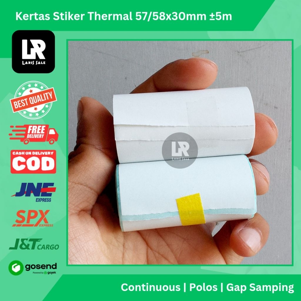 

Kertas Stiker Thermal 57x30 58x30 Continuous Gap Samping Premium Sticker Struk Printer 58mm Cetak Resi Foto Termal 5 Meter