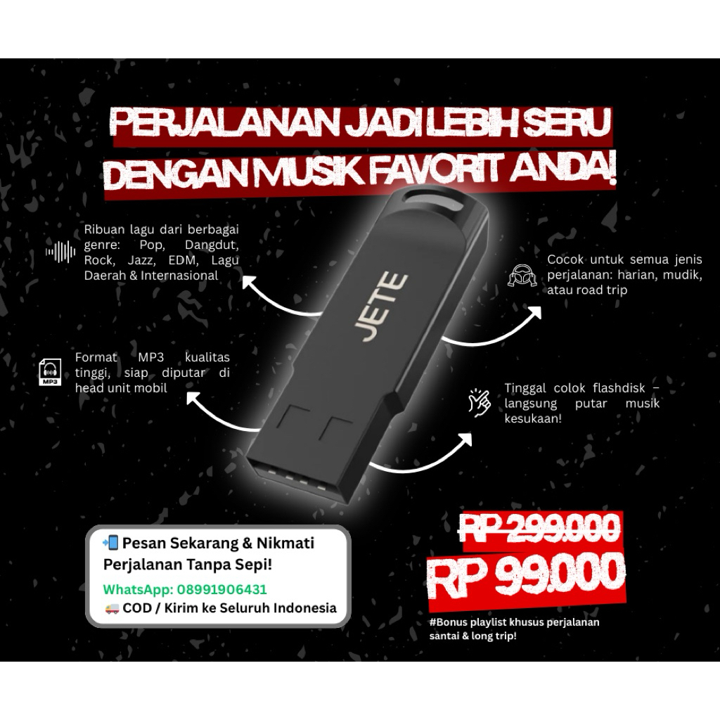 Flashdisk isi Lagu Cocok untuk Mengisi Perjalanan Anda. 4GB (500lagu), 8GB (1000lagu), 16GB (3000lag