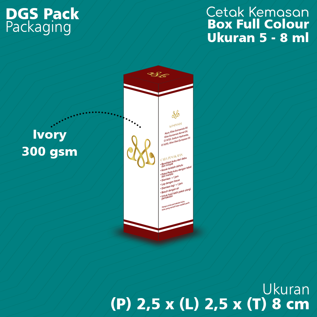 

box custom full colour menggunakan design sendiri/logo sendiri ukuran P x L x T : 2,5 x 2,5 x 8 cm