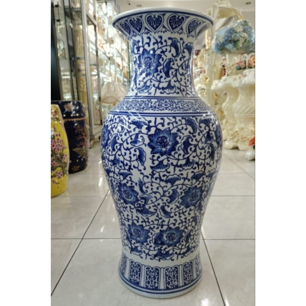Vas bunga guci keramik biru putih motif bunga  KERAMIK KANSAI tinggi 62 cm