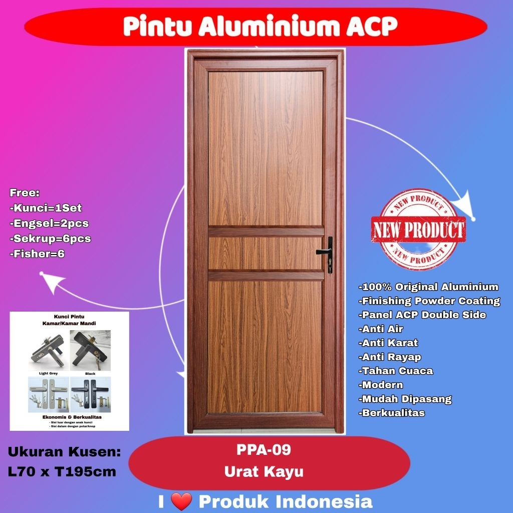 Pintu Full Aluminium Modern-PPA 09-Full Panel ACP 2 Sisi-3 Kotak-Urat Kayu