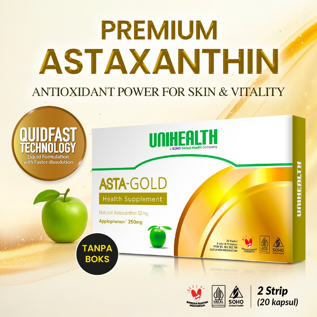 UNIHEALTH Asta Gold Rahasia Kulit Glowing dengan natural Astaxanthin & Applephenon - 2 Strip @10 Kap