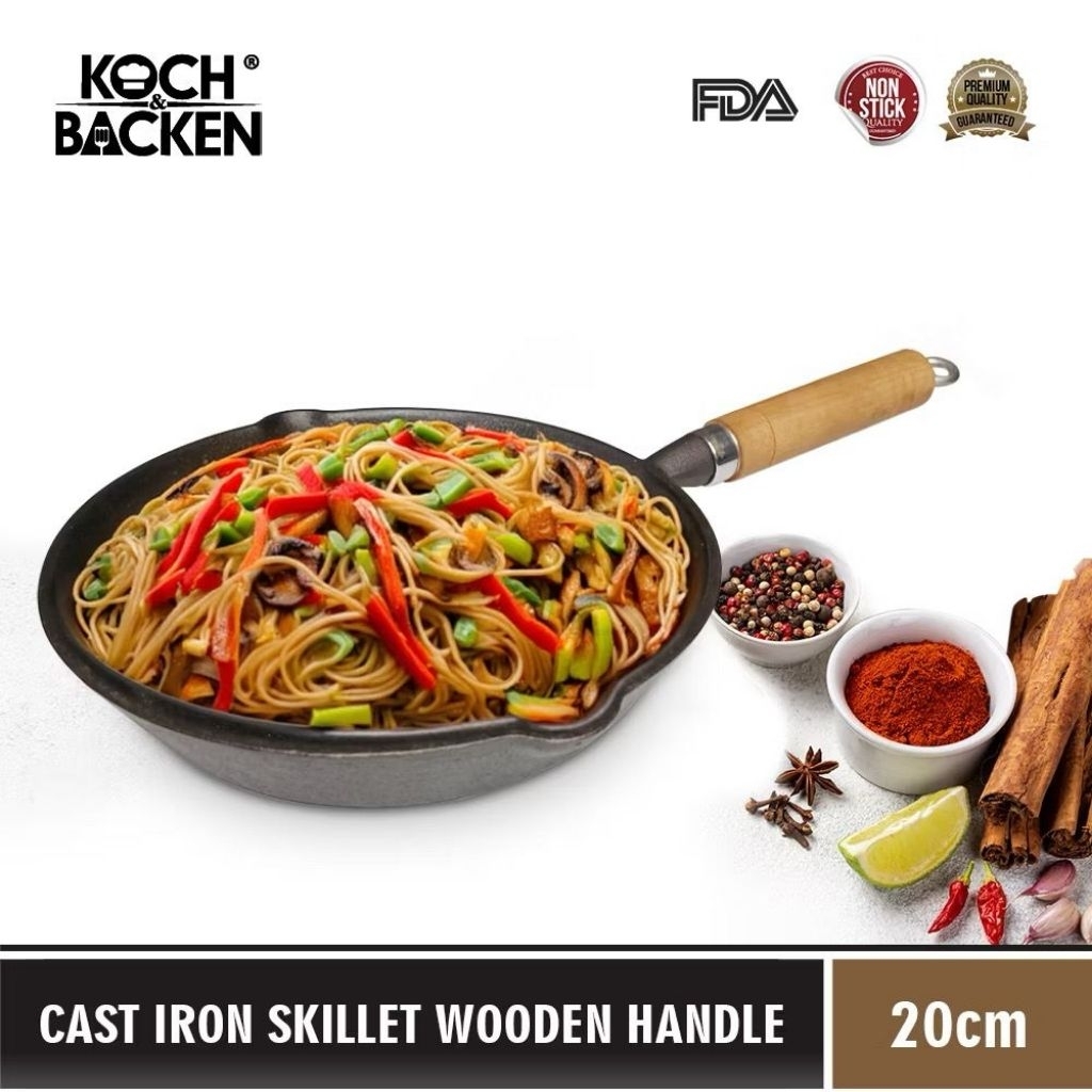 Koch&Backen Cast Iron Skillet Luxury Wooden Handle - Fry Pan Koch&Backen - Skillet Gagang Kayu Panci
