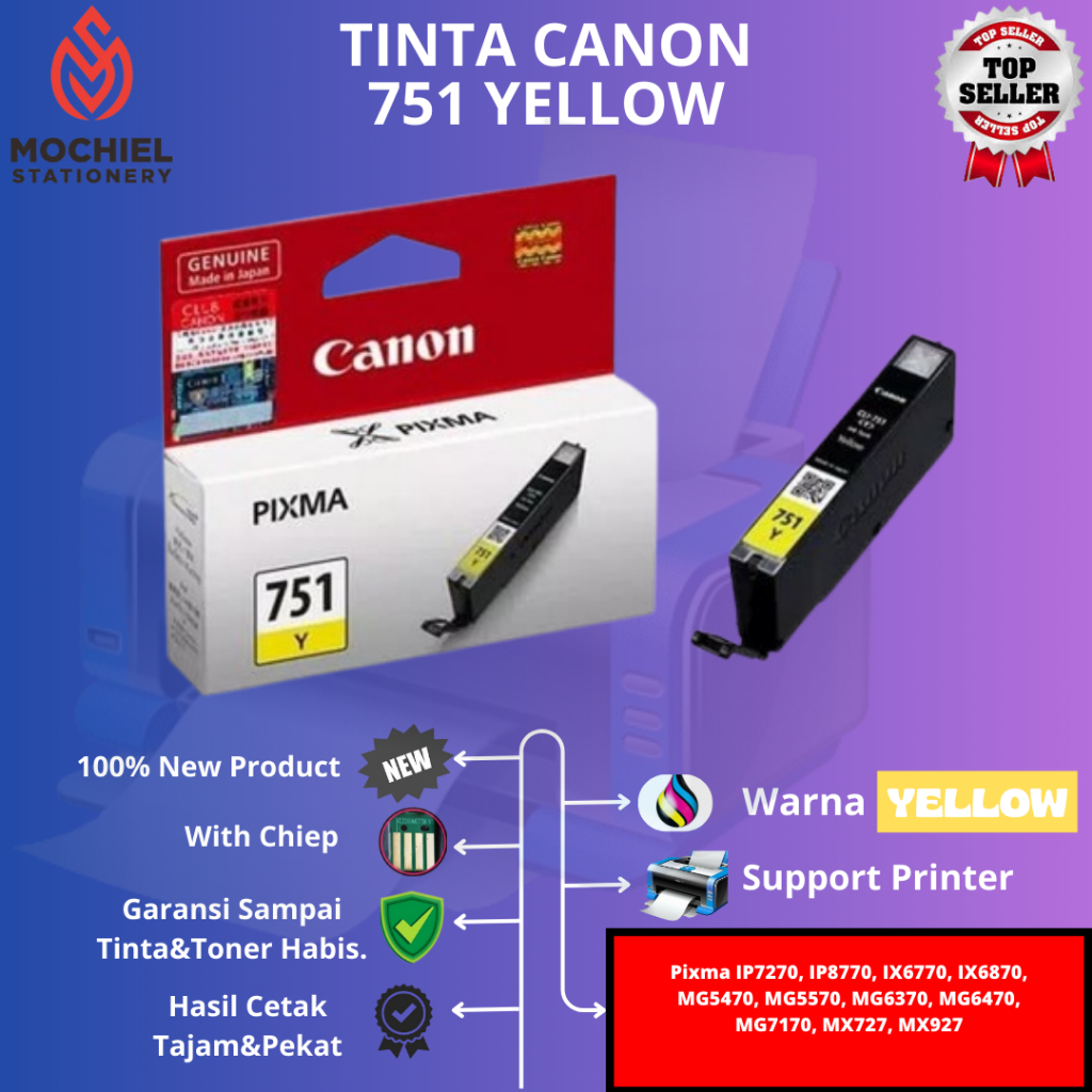 Cartridge Tinta Canon CLI 751 Yellow Printer Pixma IP7270 IP8770 IX6770 IX6870