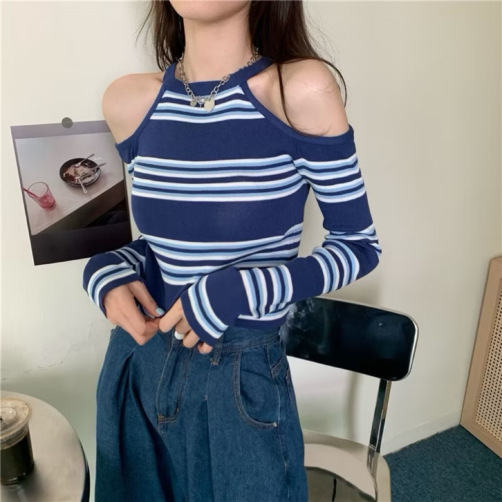 Baju atasan rajut halter off shoulder