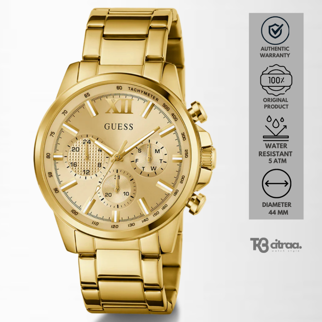 Jam Tangan Pria Guess Walker Multifunction Chronograph Gold Tone Stainless Steel Champagne Dial Mewa
