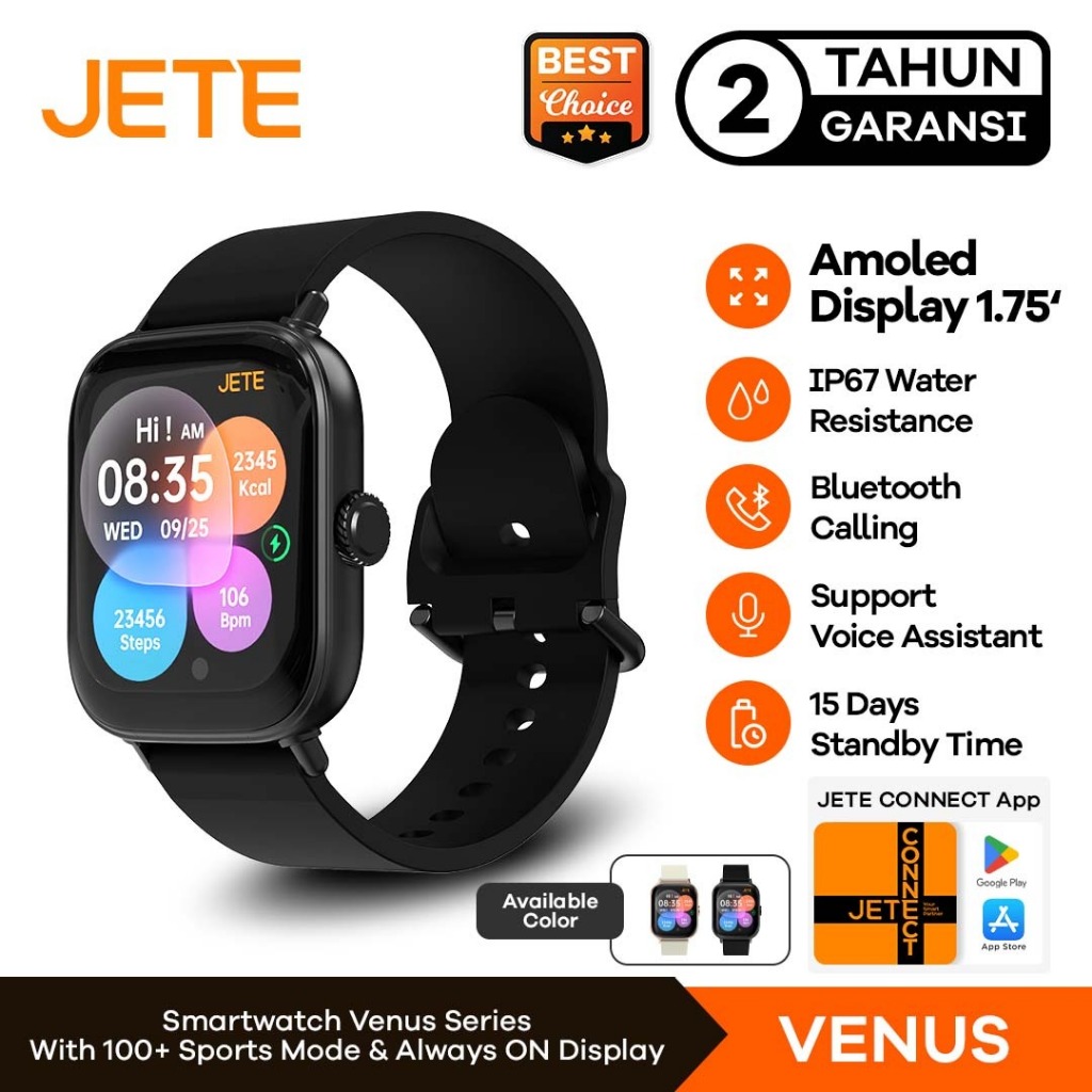 JETE VENUS Smartwatch AMOLED SP02 Bluetooth Calling IP67 with 100 Sport Mode - Garansi Resmi 2 Tahun