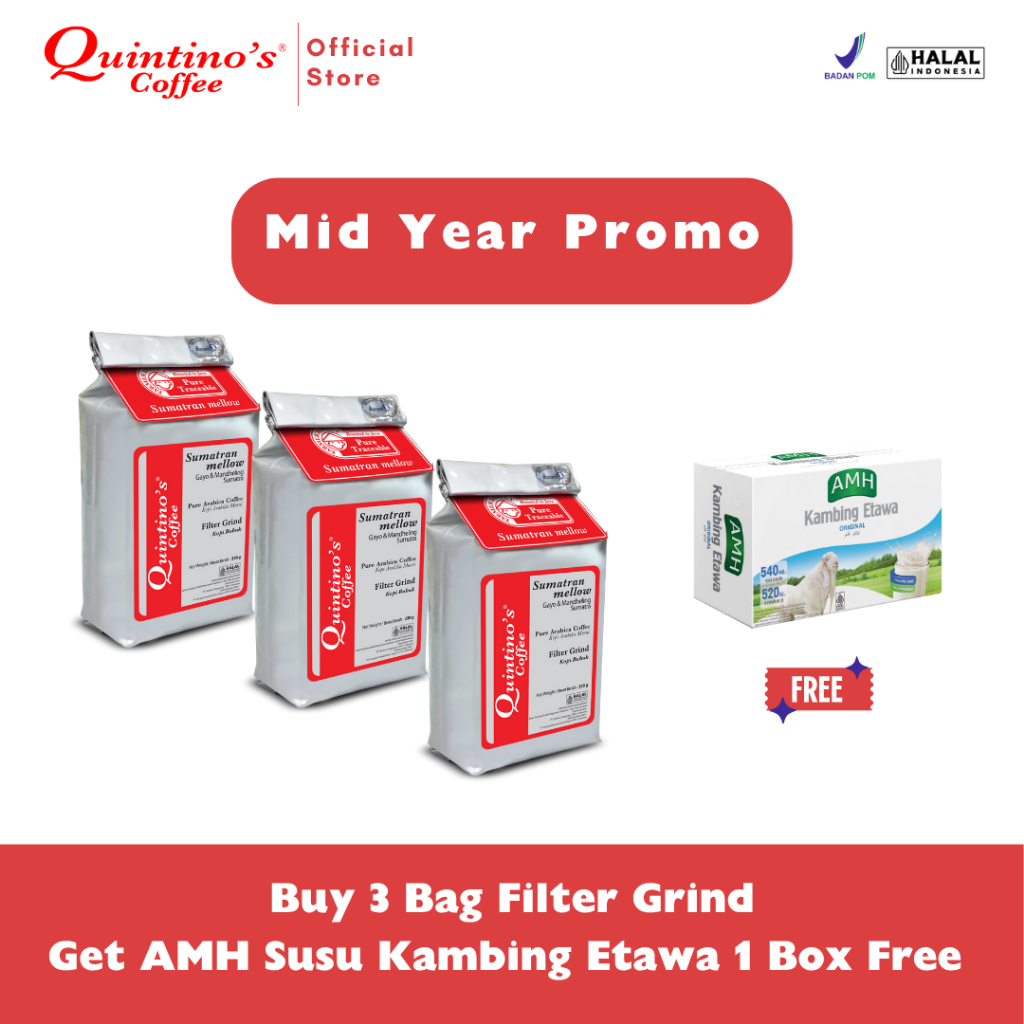 

Quintino's Coffee - Filter Grind Kopi Bubuk Sumatran Mellow 250gr (3 Bags free AMH Susu Kambing Etawa)