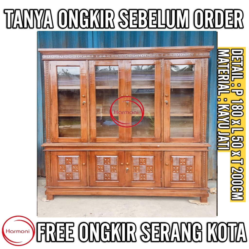 PAJANGAN 4 PINTU KAYU JATI KACA LEMARI HIAS KAYU JATI BUFET PAJANGAN KAYU 4 PINTU FREE ONGKIR SERANG
