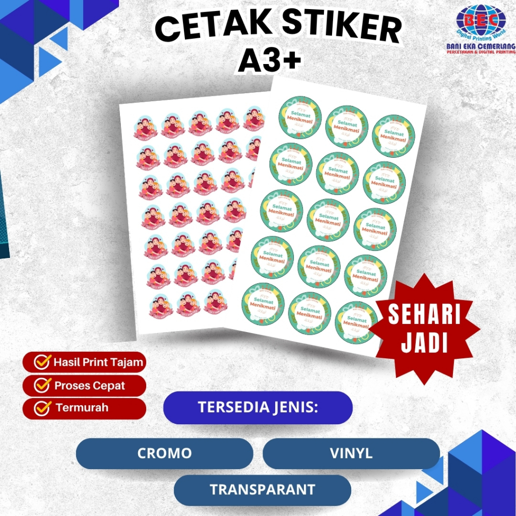 

Cetak Sticker A3+ Cutting Die/Kiss Bahan Cromo Transparant Vinyl Best Quality Termurah Tercepat