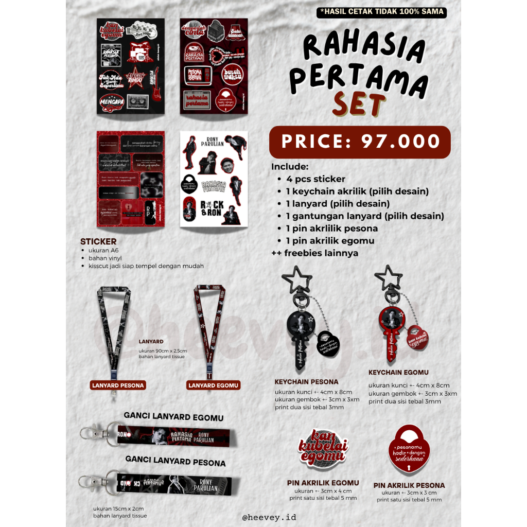 

[PAKET TERKOMPLIT] RAHASIA PERTAMA SET UNOFFICIAL RONY PARULIAN BY HEEVEY | GANTUNGAN KUNCI RONY PARULIAN | LANYARD RONY PARULIAN | STICKER RONY PARULIAN | PIN AKRILIK RONY PARULIAN