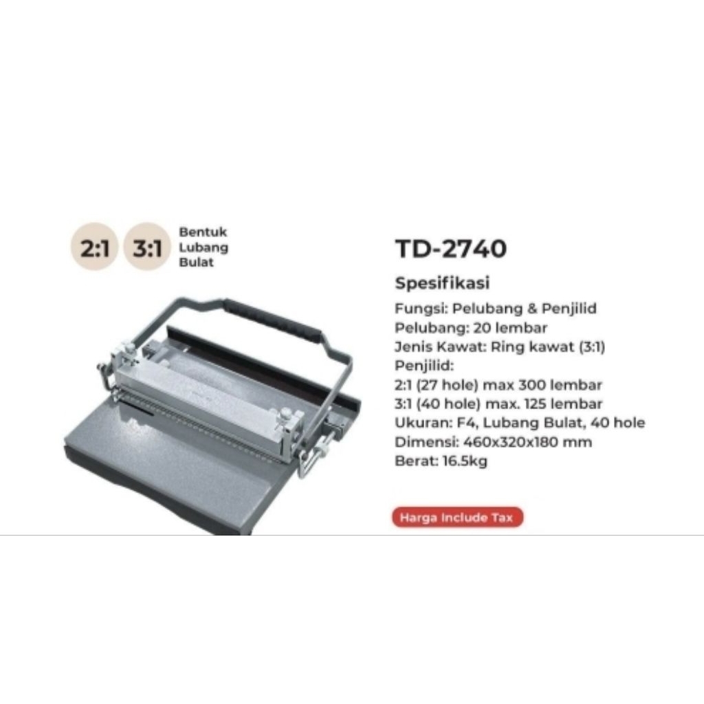 

Mesin Jilid Ring Kawat Spiral Folio TD2740 Topas TD 2740 Double Wire Binding Machine F4 3:1+ 2:1 Topas TD-2740