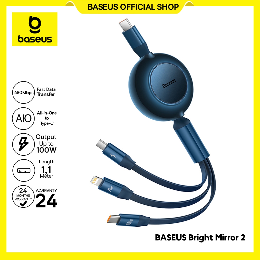 Baseus Kabel Data Bright Mirror 2 Series Retractable 3-in-1 TYpe-C to Micro Lighting Type-C Fast Cha