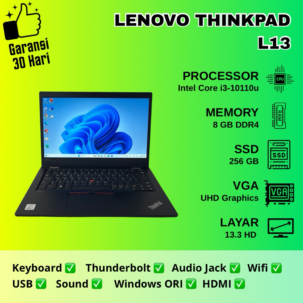 Lenovo ThinkPad L13 G1 Laptop 13.3" i5-10210U 8GB 256GB SSD Hitam