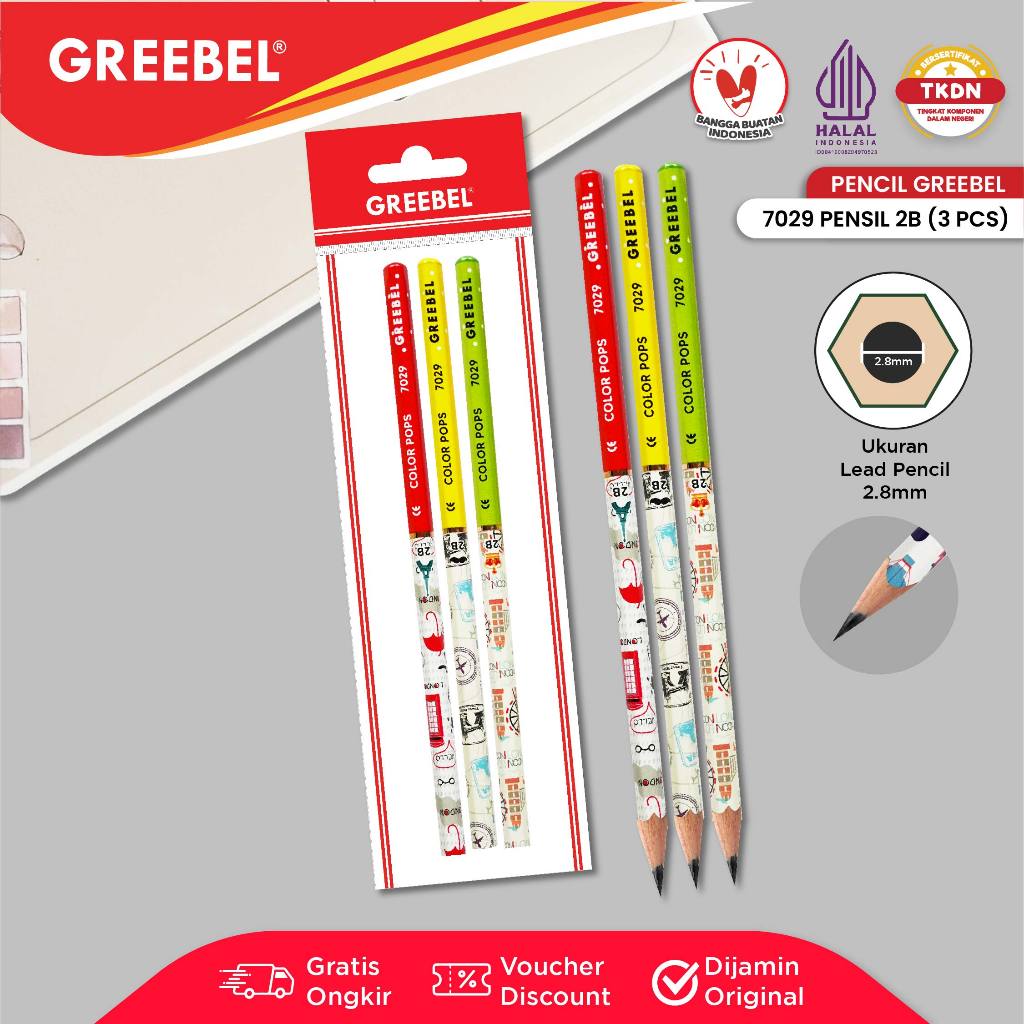 

GREEBEL Pensil Tulis 2B 7029 (3PCS/SET) Pensil Kayu Ujian / Pencil Grafit Graphite / Pensil Gambar