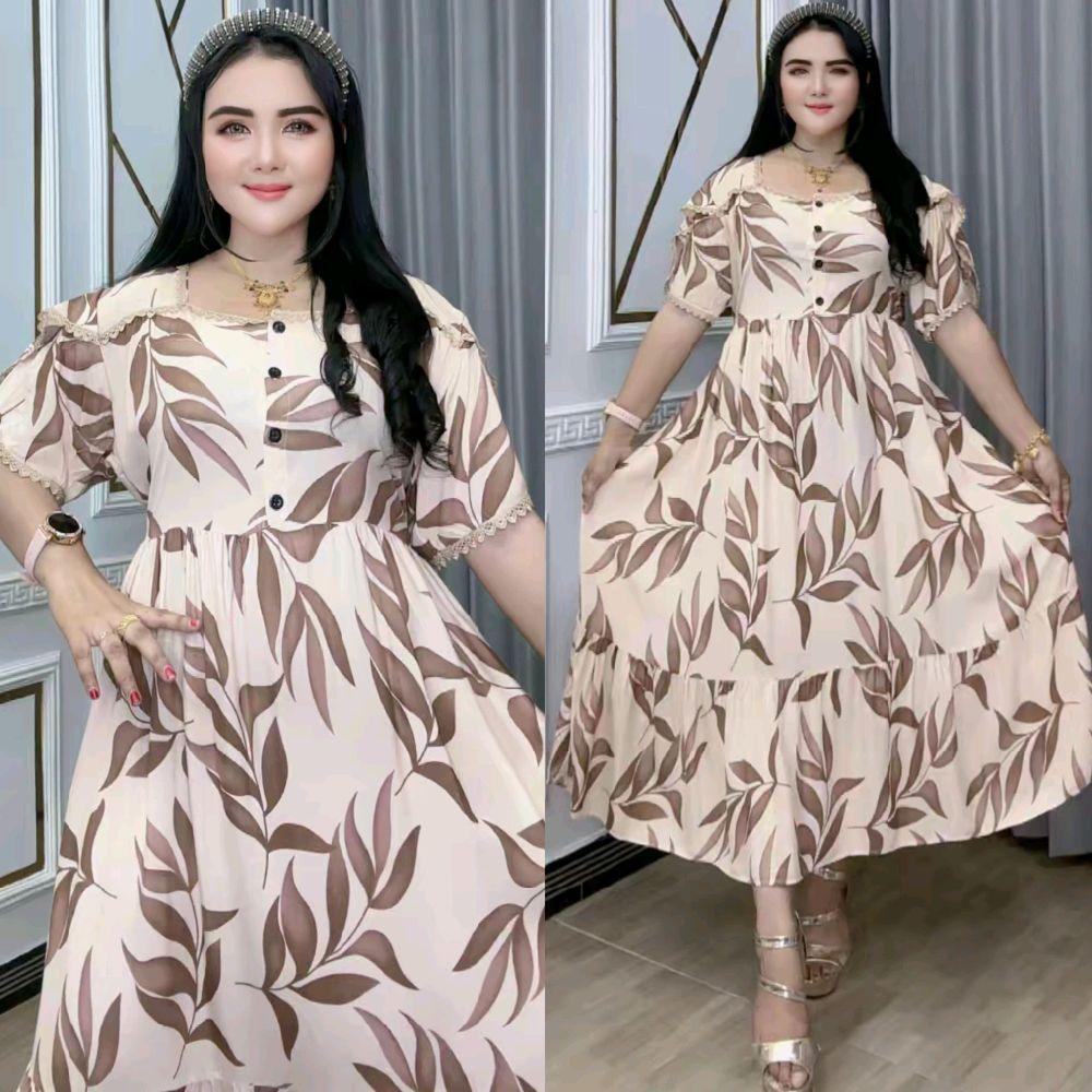 Mifta List Renda | Baju Wanita Dress Katun Rayon | Busui Friendly Tali Pinggang Renda Rempel Kotak
