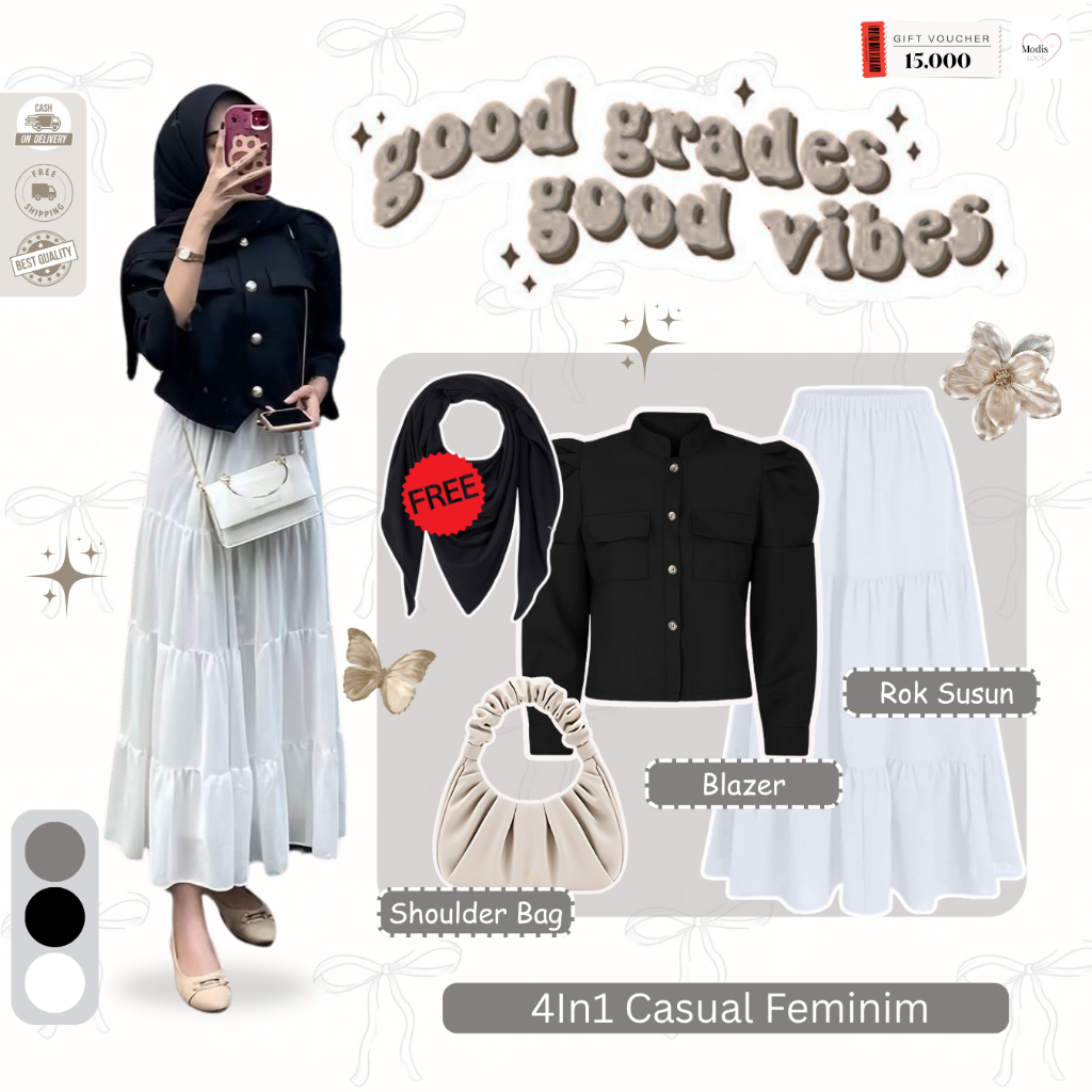 Kiki Outfit Rok Korean Style Hijab ( Tas + Blazer + Rok + Hijab ) One Set Casual Wanita - ML11