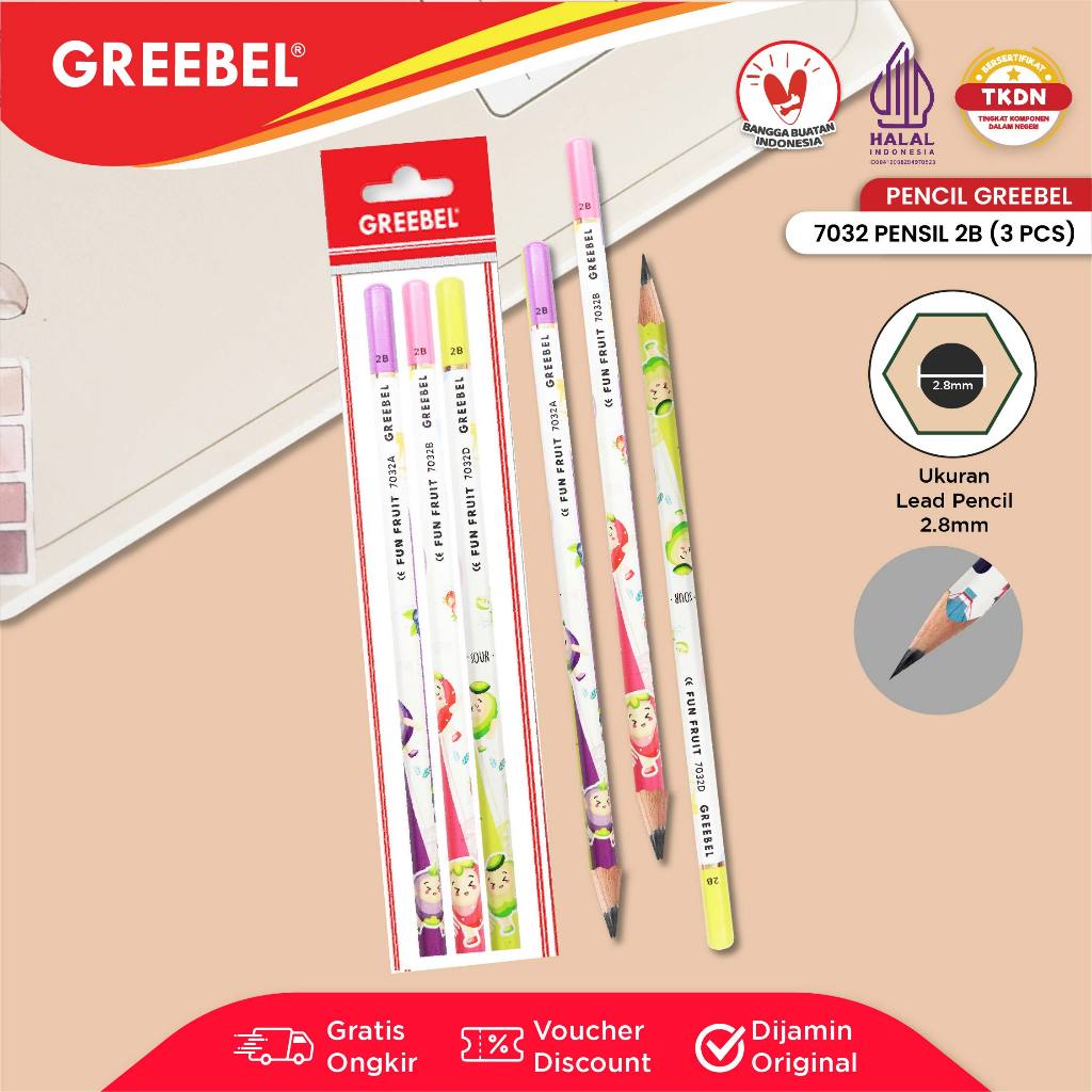 

GREEBEL Pensil Tulis 2B 7032 Fun Fruite (3PCS/SET) Pensil Kayu Ujian / Pencil Grafit Graphite / Pensil Gambar