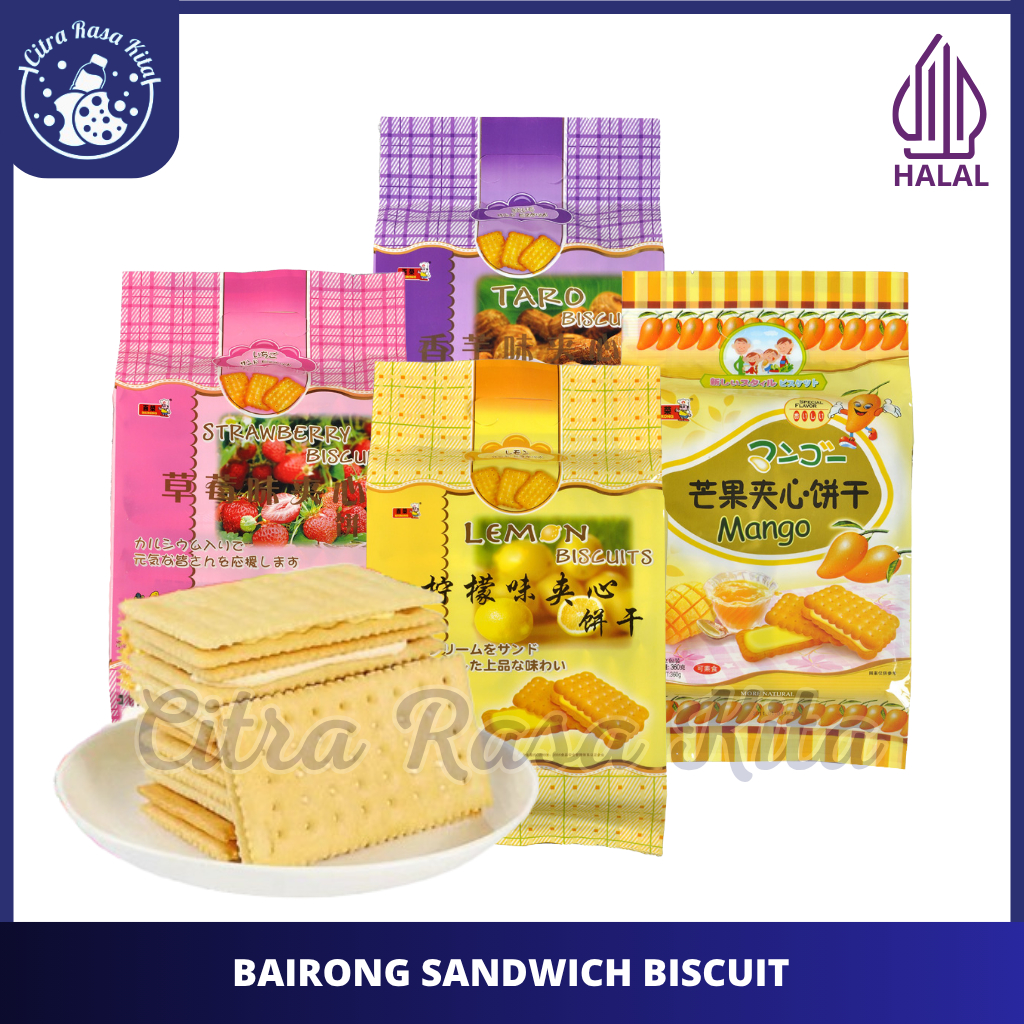 

Bairong Sandwich Biscuit With Lemon, Strawberry, Taro & Mango Flavor Halal 300g-360g