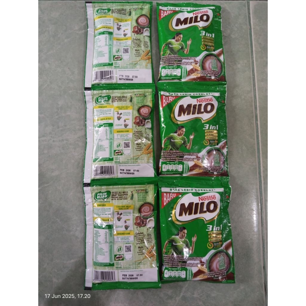

Milo 3in1 Nestle Milo 3 in 1 Minuman Serbuk Cokelat dengan Malt dan Susu 3sch@34g atau 1rtg=10sch@34g