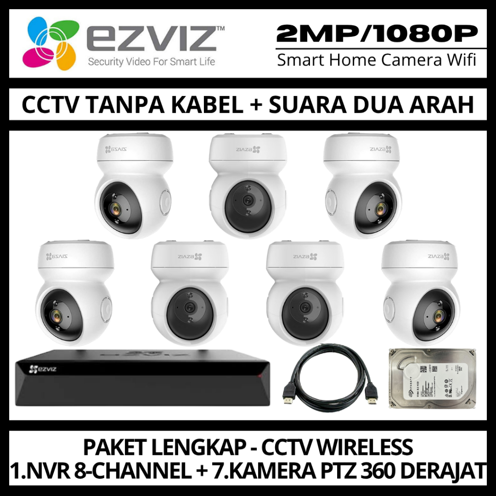 Paket CCTV EZVIZ 2MP 8 Channel 7 Kamera CCTV WIFI Camera Wireless Kamera Wifi