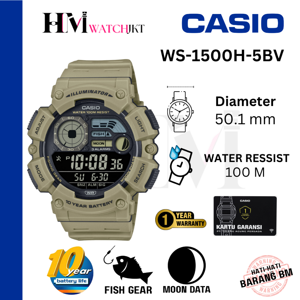 CASIO WS-1500H-5BVDF Jam Tangan Pria Original Digital Antiair Fishing Gear Mancing WS-1500H-5BV WS15