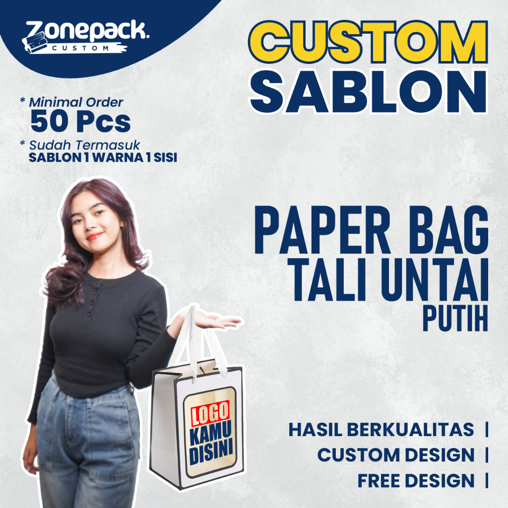 

Sablon PaperBag Tali Untai Putih Garis Hitam | Sablon 1 Warna 1 Sisi Custom FREE DESIGN | Hampers