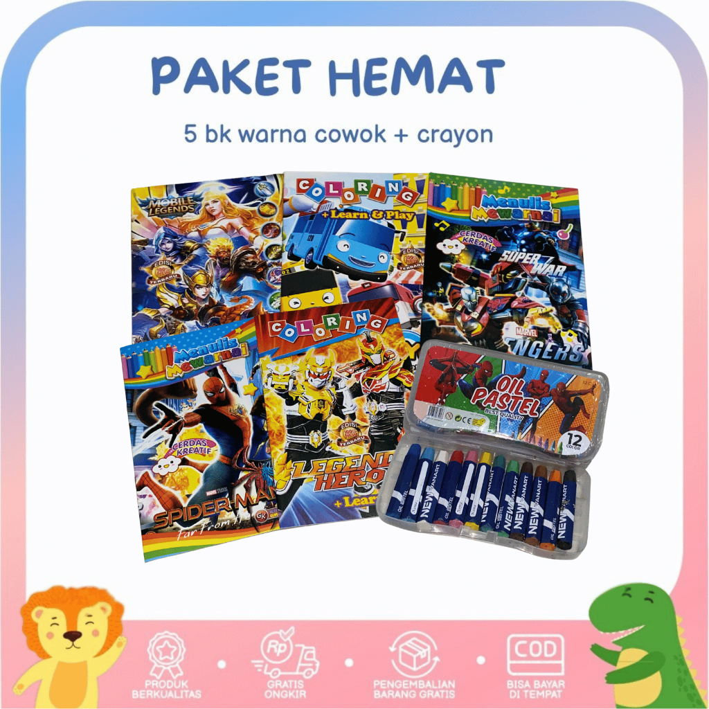 

Paket 5 Buku Mewarnai Karakter Anak Cewek Cowok & Crayon 12 Warna