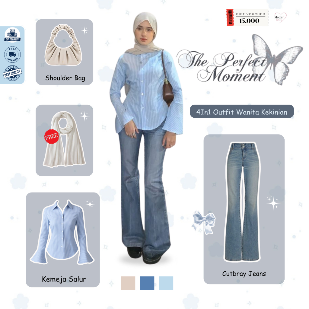 Rina Ootd Wania Korean Style ( Tas + Kemeja + Celana + Hijab ) One Set Jeans Cutbray - ML14