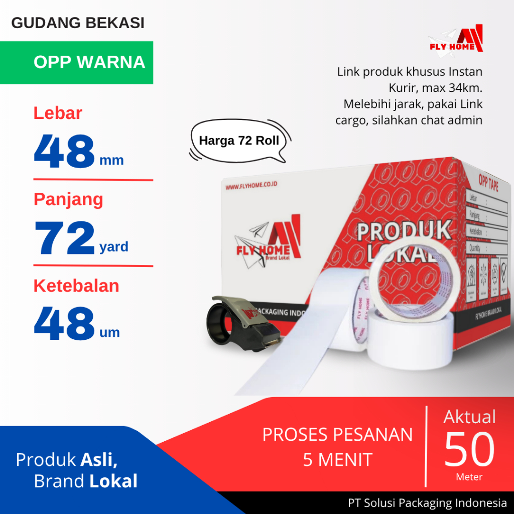 

FLYHOME 1Dus Lakban Warna Putih 48x72Y 2Inchi 72 Yard INSTAN