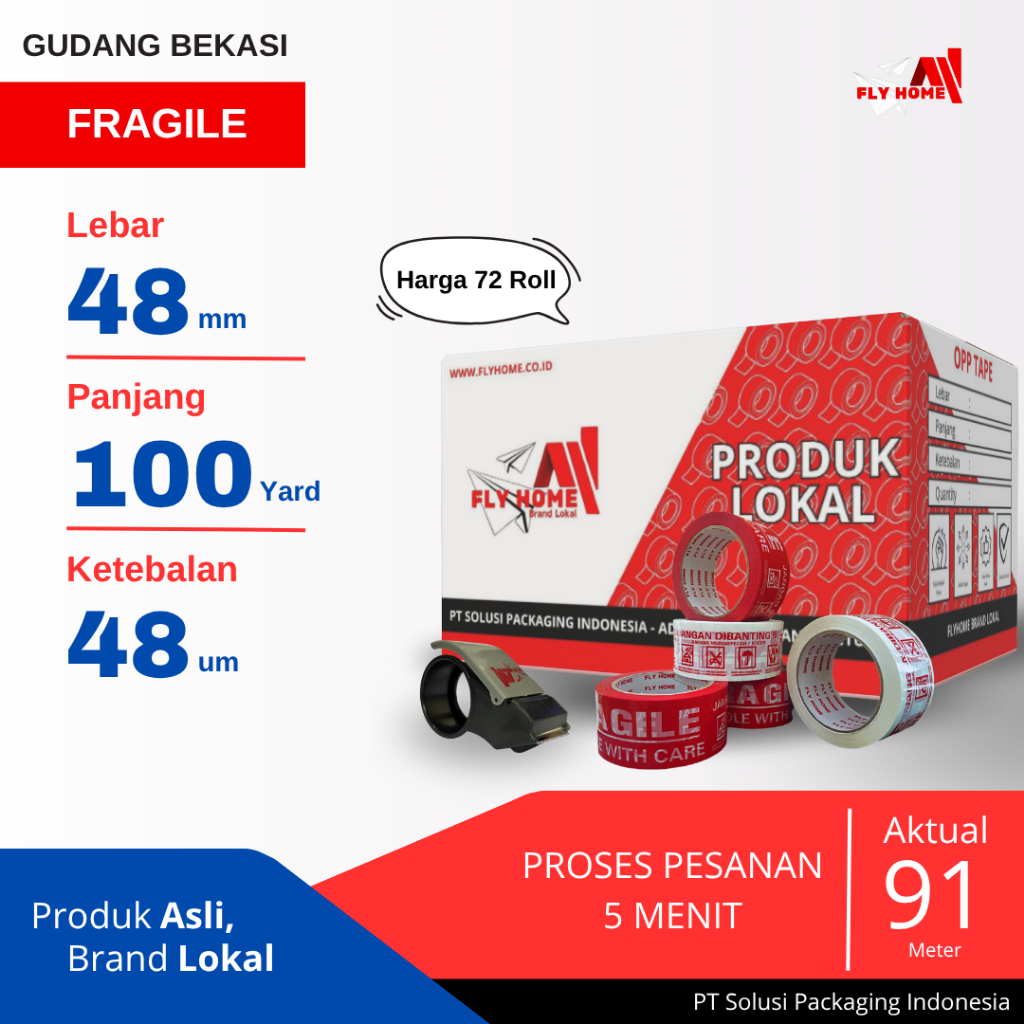 

FLYHOME 1Dus Lakban Fragile Merah Putih 48x100Y 2inci Uk Besar 91METER 100 Yard CARGO