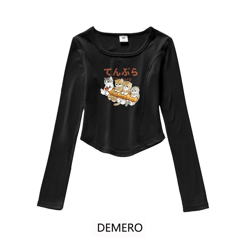 Demero Atasan Pendek Lengan Panjang Motif Kartun Cetakan anak kucing | Kaos Ketat Wanita Modern Kore