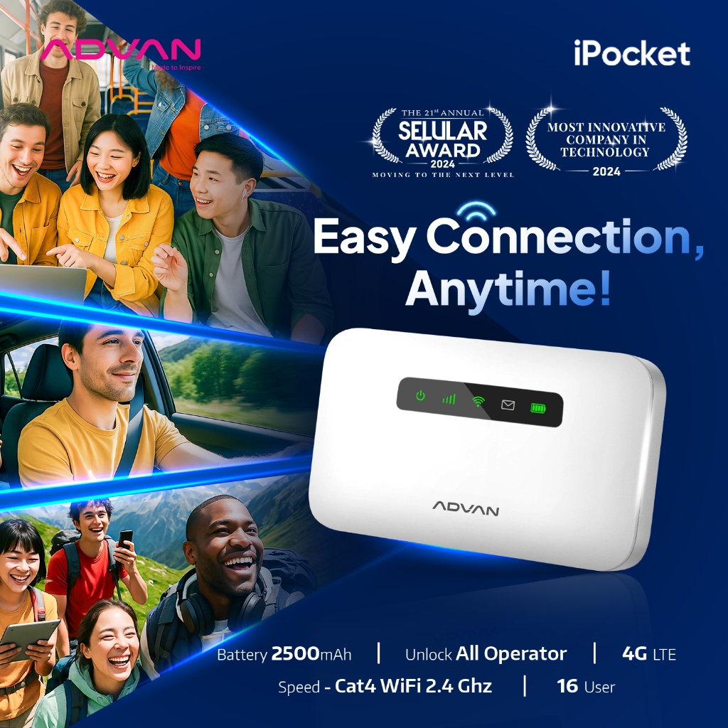 ADVAN Ipocket MIFI MF01 Modem | 4G LTE | Unlock All Operator | Baterai 2500 mAh | TKDN | Garansi Res
