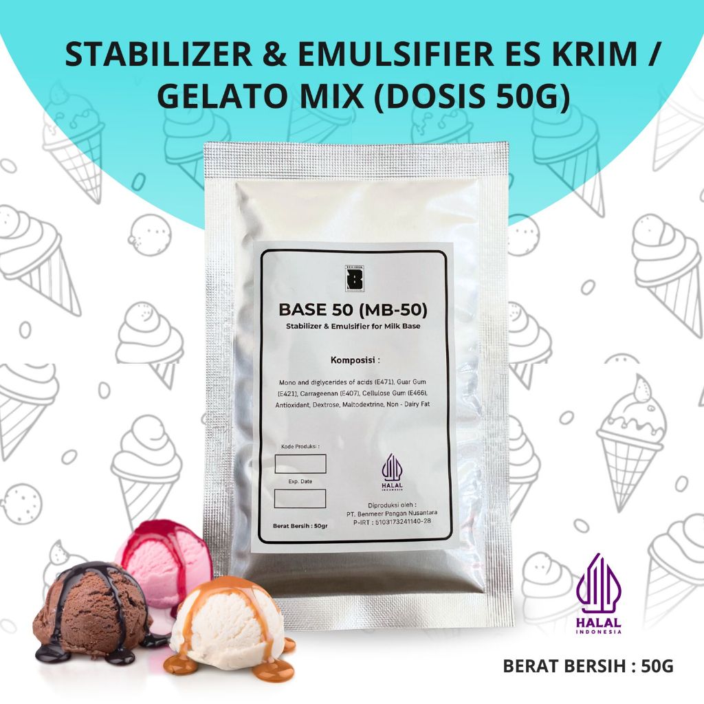 

Base 50 (stabilizer+emulsifier) untuk gelato dan ice cream Halal