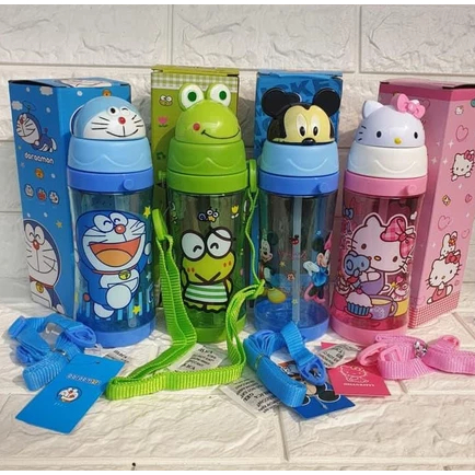Termurah BOTOL MINUM ANAK Lucu 450ML KEPALA KARAKTER KEROPI MICKEY DORAEMON, HELLO KITTY ADA STRAP