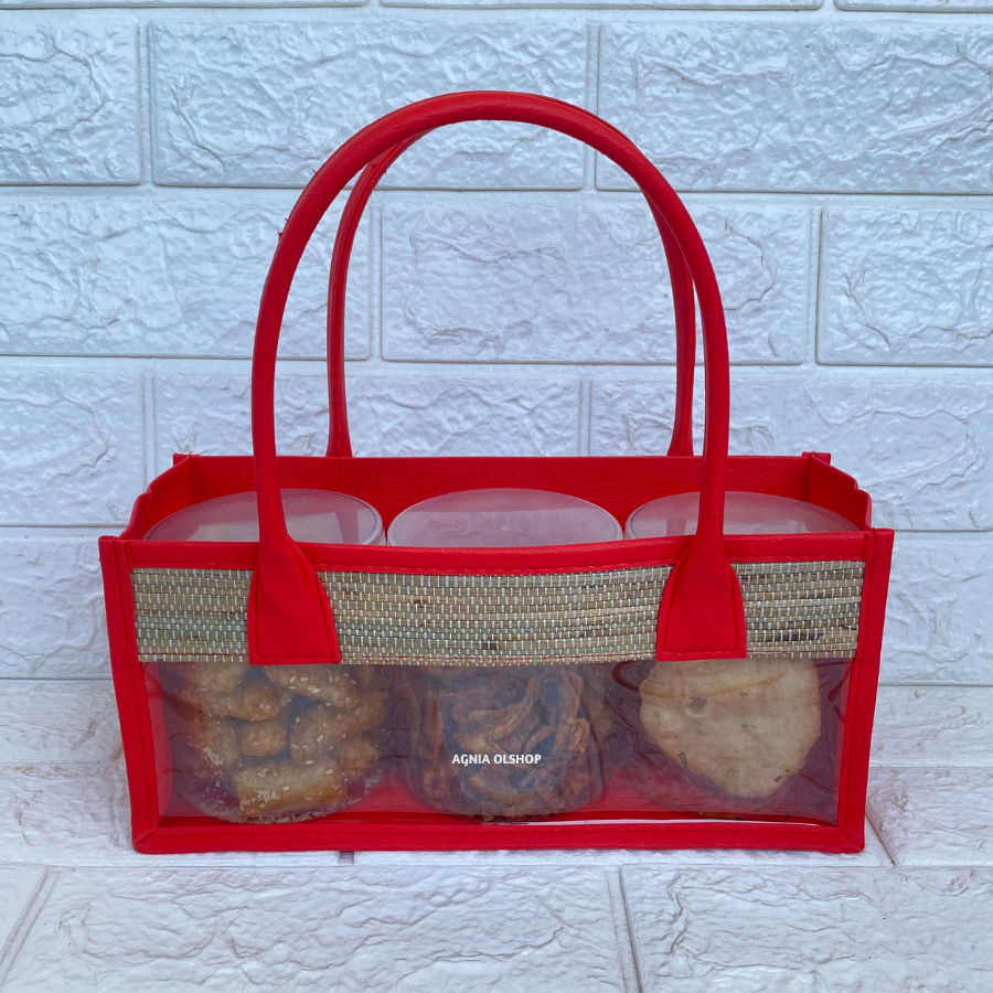 

Tas Mika Parcel Mendong (Merah) Untuk Isi 3 Toples Silinder Keranjang Hampers Mika
