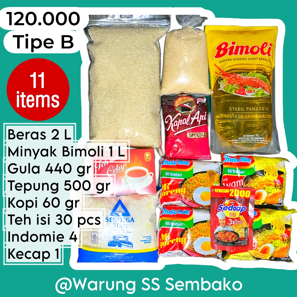 

Paket Sembako 120ribu Tipe B - Beras Minyak Goreng Gula Pasir Kopi Teh Tepung Indomie Kecap Lengkap Komplit Praktis