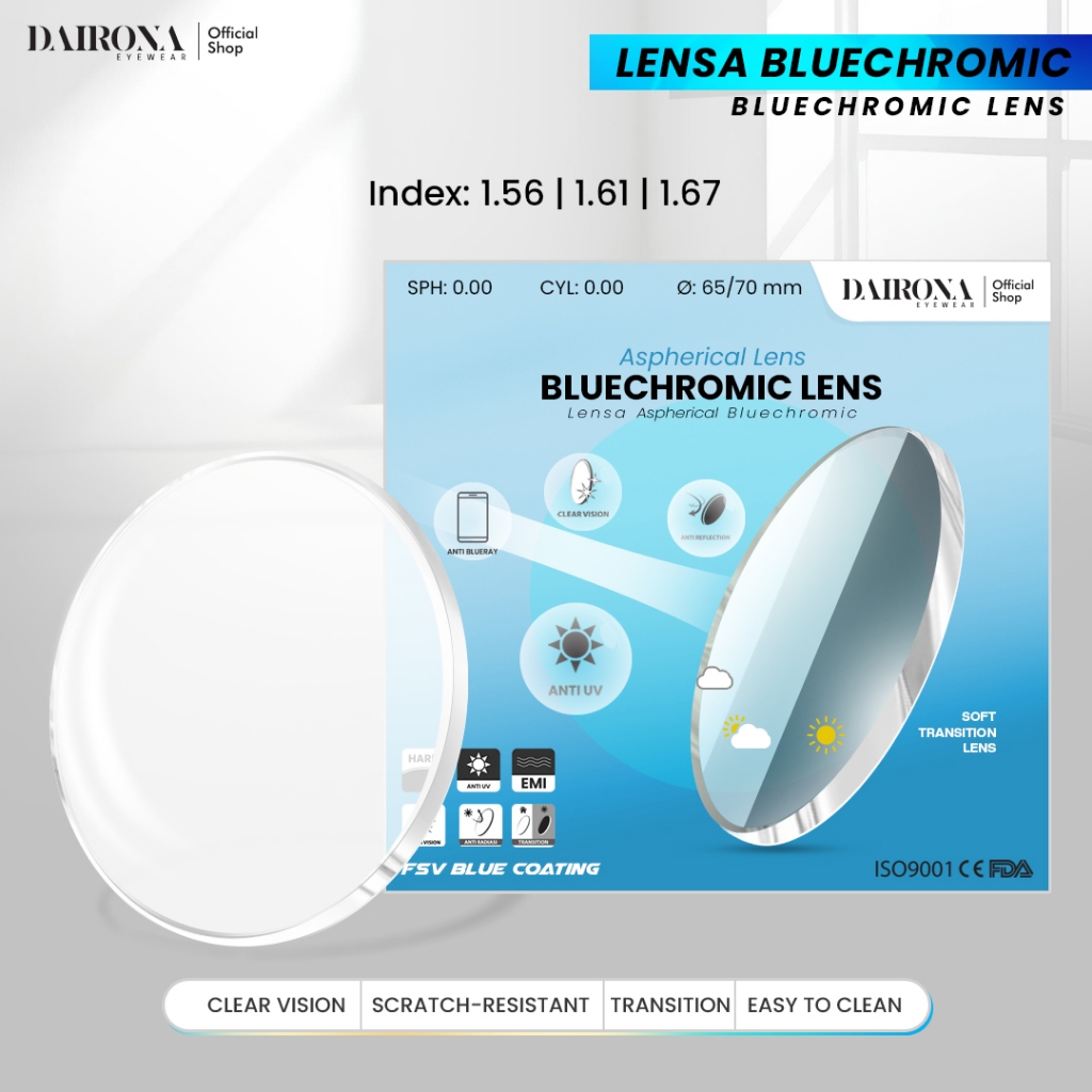Dairona Eyewear Lensa Kacamata Bluecromic ABR PGX Anti Radiasi+Blueray+Photocromic Minus/Plus 1.56,1