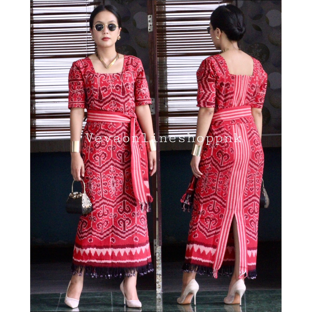 DRESS ETNIK TENUN MODEL LONG DRESS MOTIF DAYAK KALIMANTAN BARAT