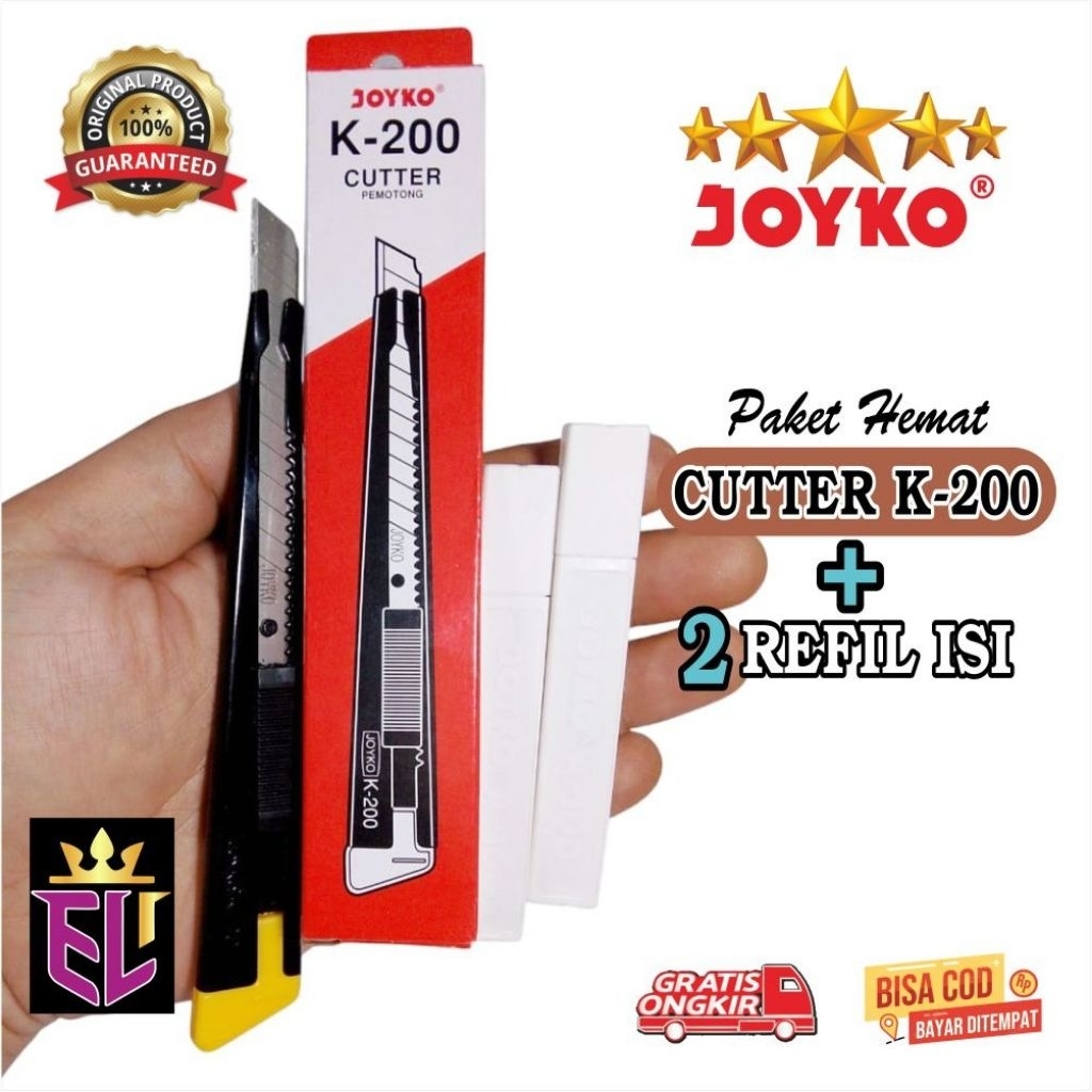 

CUTTER JOYKO K-200 CUTTER KECIL PAKET CUTTER + 2 pak REFIL ISI JOYKO, CUTTER KECIL JOYKO + 2 REFIL