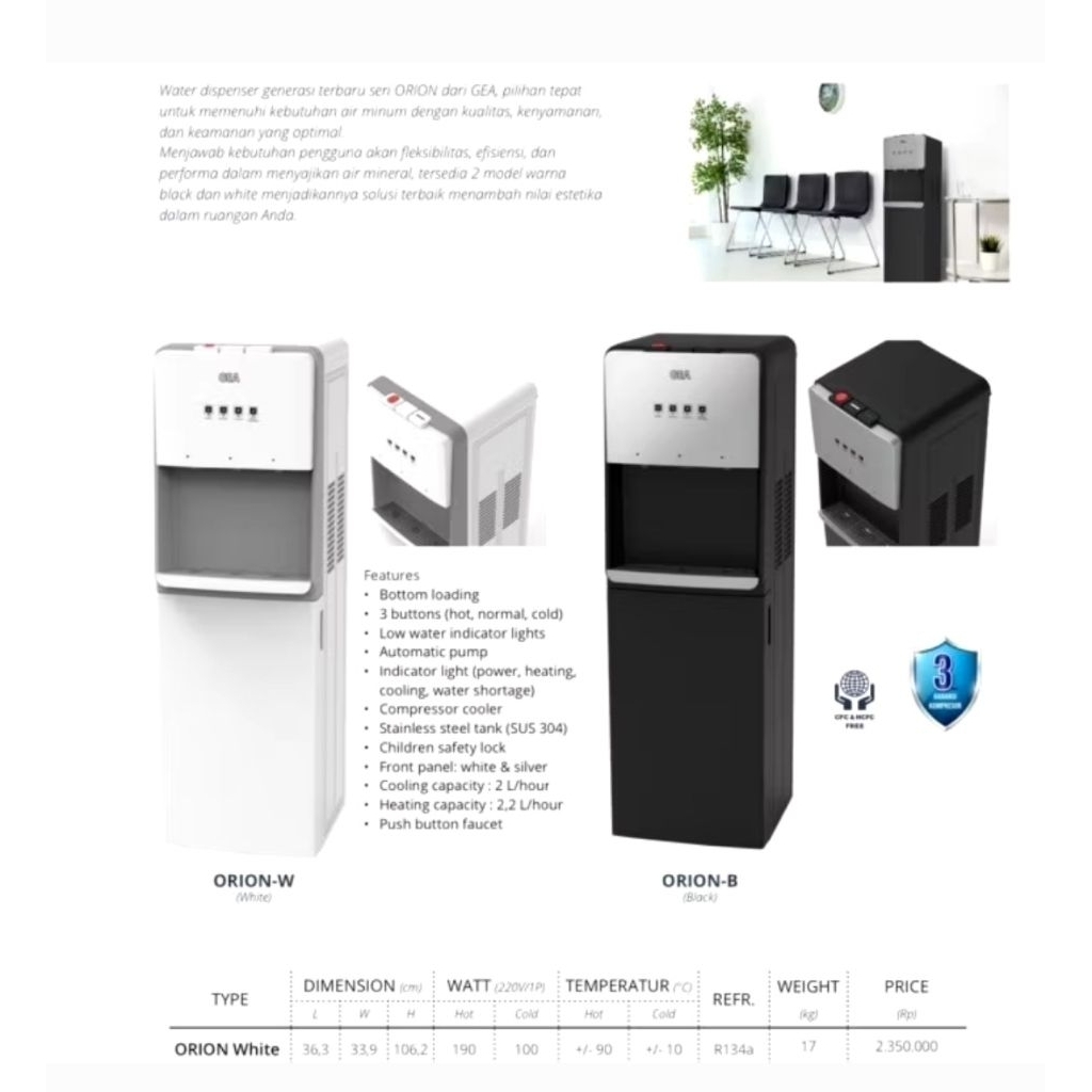 Dispenser GEA ORION Dispenser Galon Bawah DINGIN PANAS NORMAL